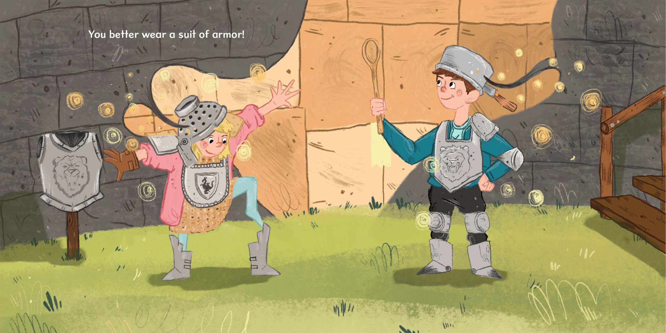 In this illustrated scene from Never Ever Build a Blanket Fort, the main characters are standing on a grassy area next to a wall. The brother and sister are putting on some different pieces of armor—some looks medieval, and some are from the kitchen, such as a pot for a helmet and wooden spoon for a sword. Text: You better wear a suit of armor!